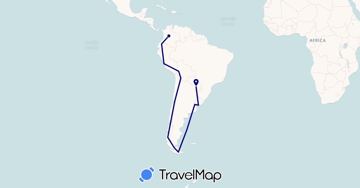 TravelMap itinerary: driving in Argentina, Bolivia, Chile, Colombia, Ecuador, Peru, Paraguay, Uruguay (South America)